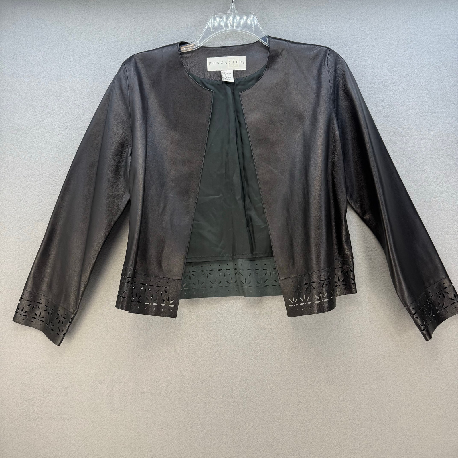 Doncaster Leather Jacket Women's 10 Black Open Leather Laser Cut Trim Lined Euc